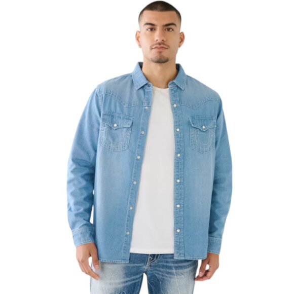 True Religion Men's Western Denim Pearl Snap Shirt - Picture 1 of 12
